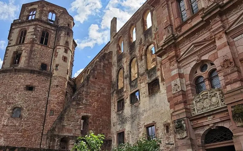 Heidelberg Castle in Germany with partially ruined walls and ornate stonework.