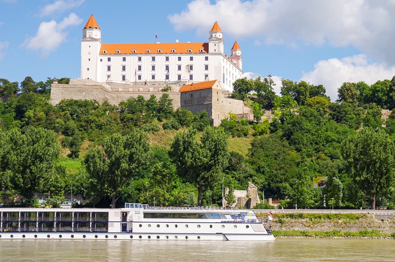 Bratislava Castle is perched on a hill overlooking the Old Town and Danube River.