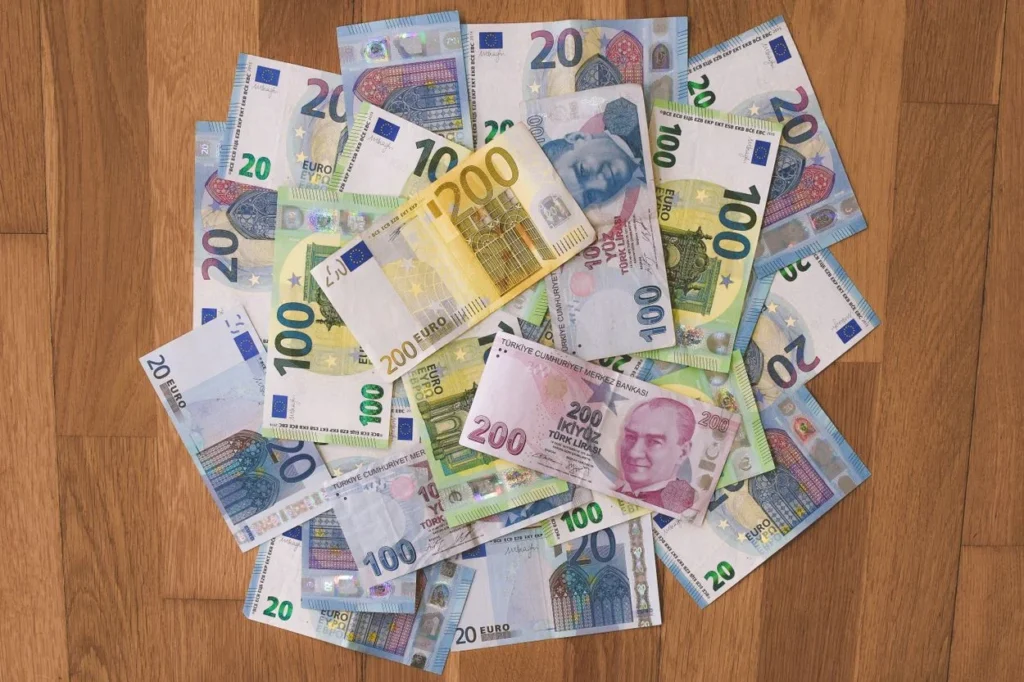 A top-down view of various Euro banknotes and Turkish Lira bills scattered