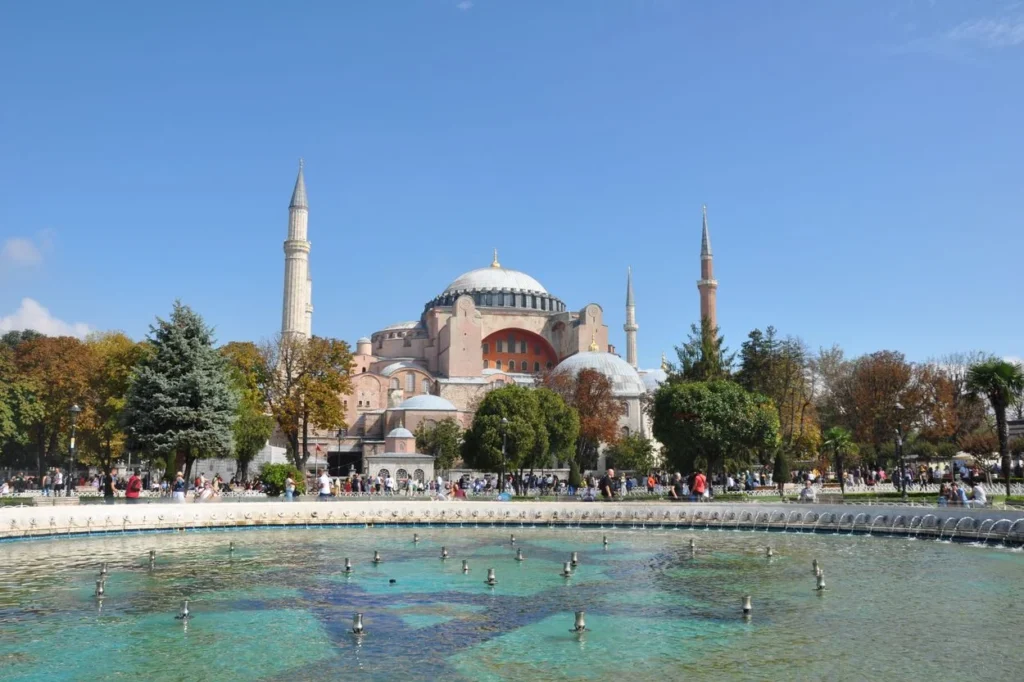 A wide exterior view of Hagia Sophia showing its central dome