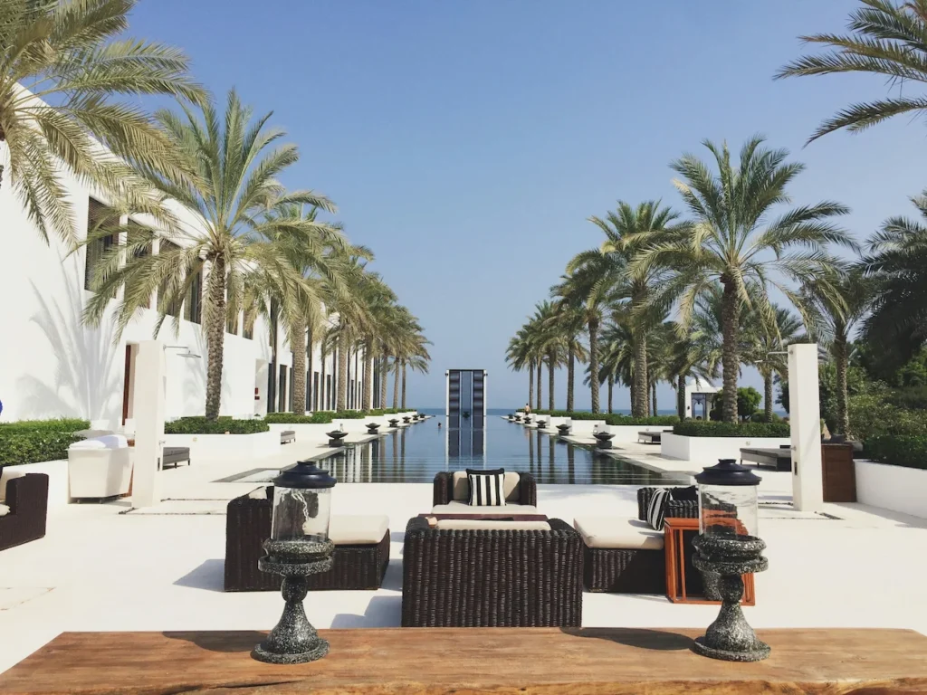Luxury resort courtyard with a long infinity pool lined by palm trees and outdoor wicker seating