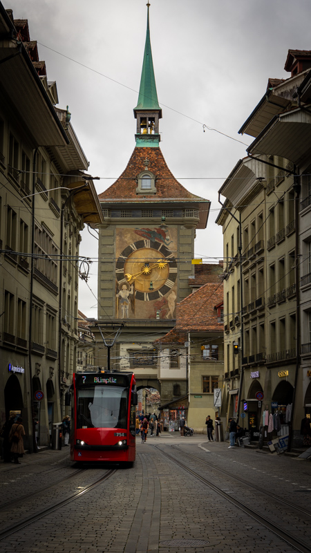 Downtown Bern with its clock tower and public tram