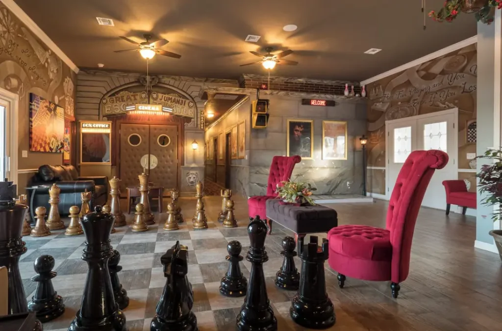 Life-sized chess at the entrance to the home's Jumanji theater