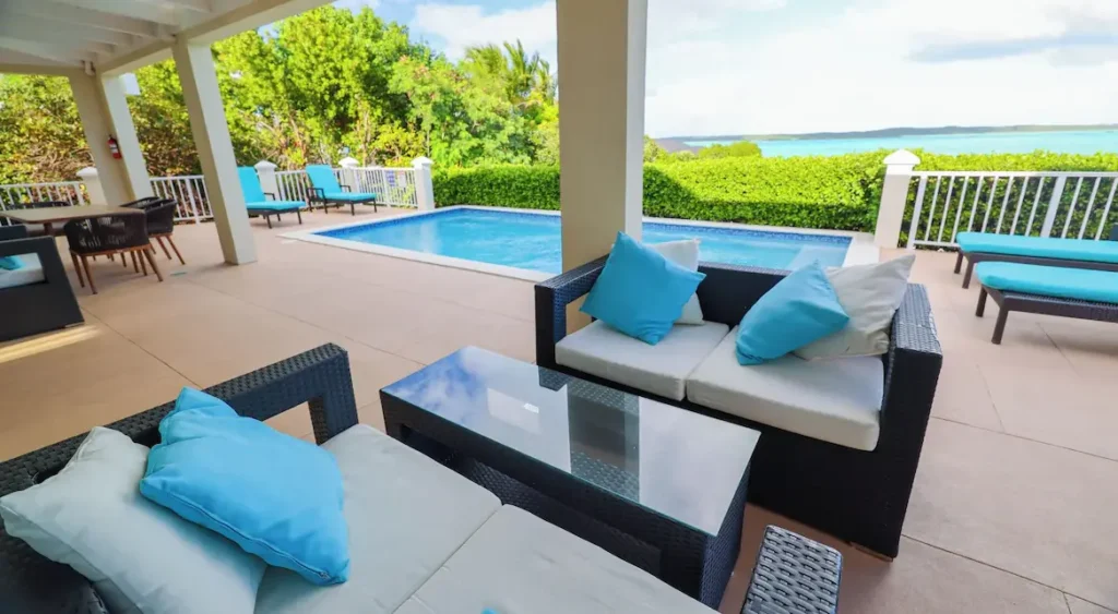 Spacious pool deck, private with open water views