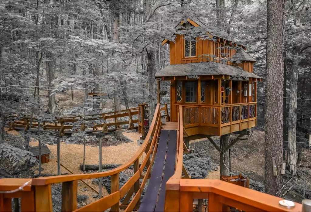 Two-story wooden treehouse with an elevated suspension bridge walkway surrounded by gray forest trees