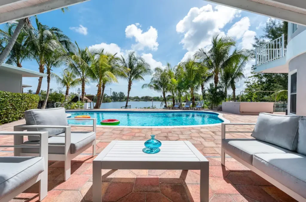 Outdoor pool with lake view