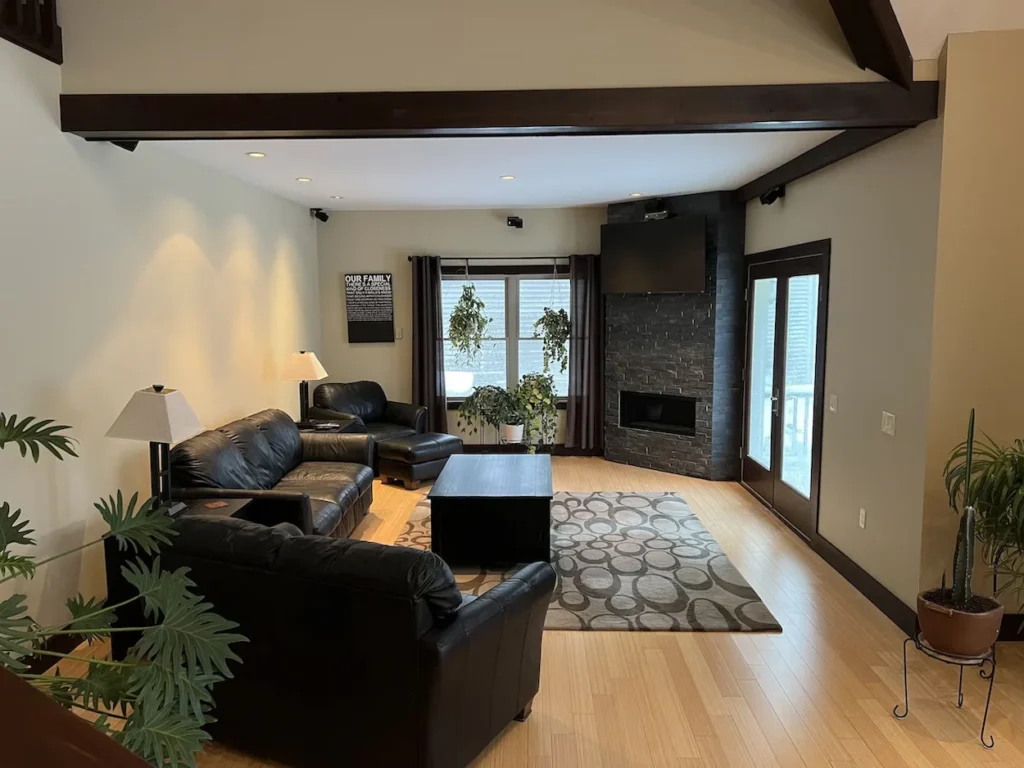 Living room with black leather sofas, a corner stone fireplace, and light wood flooring