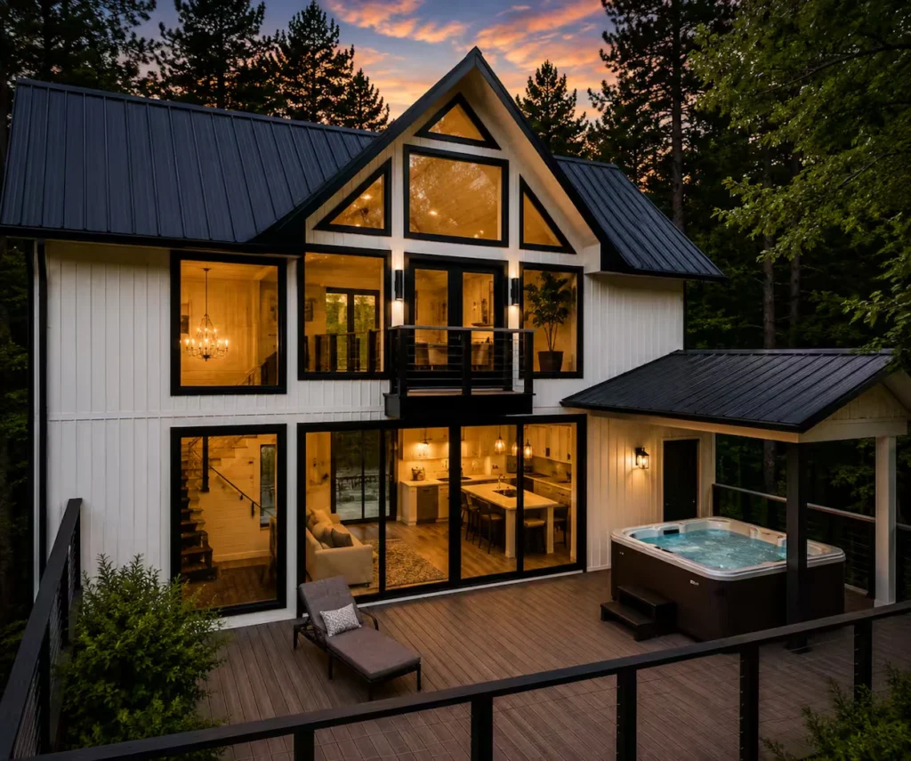Modern white two-story cabin with a large deck, hot tub, and glowing windows nestled in a pine forest at sunset