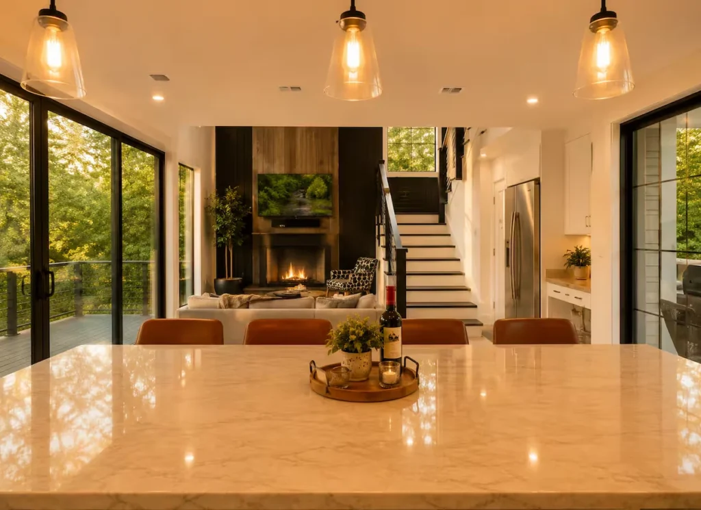 Open-concept cabin interior looking over a marble kitchen island toward a cozy living room with a fireplace