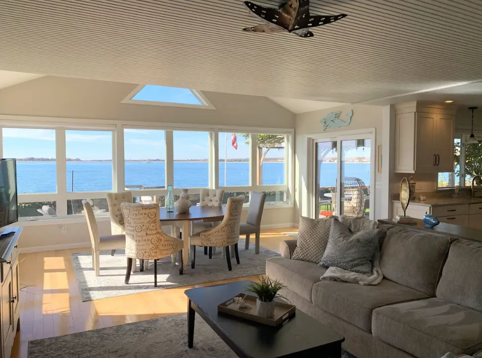 Living room with waterfront view