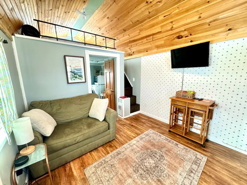 Tiny home living room with a green sofa, patterned wallpaper, and a wood plank ceiling
