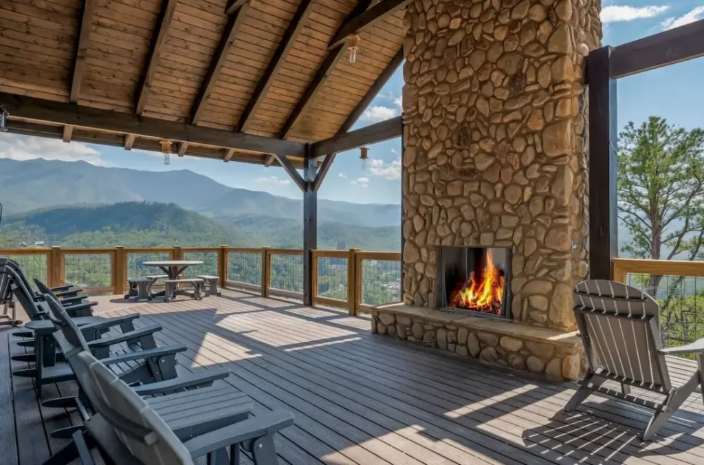 Deck with fireplace and lots of seating