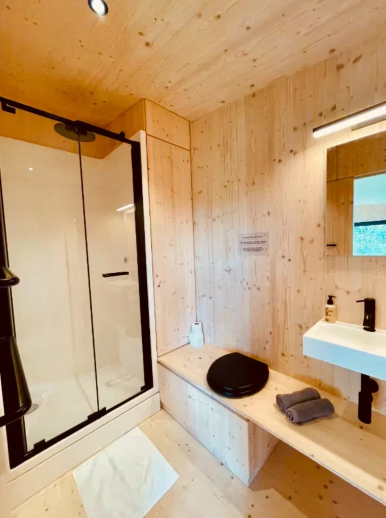 Minimalist cabin bathroom interior featuring light wood paneled walls, a glass walk-in shower, and a floating sink