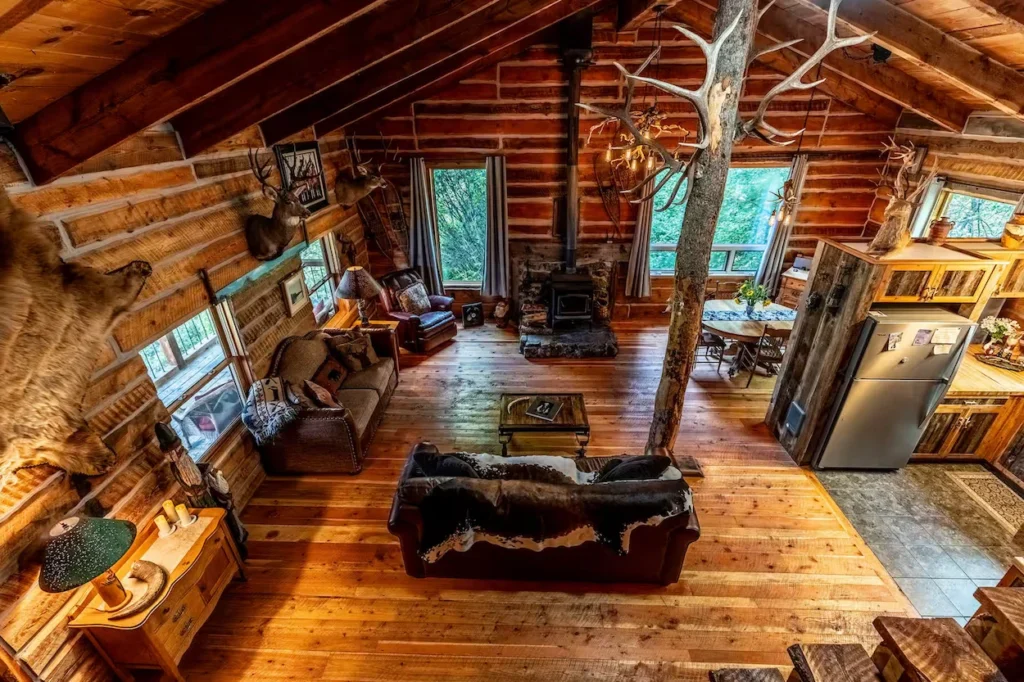High-angle view of a rustic log cabin interior with wooden floors and animal mounts