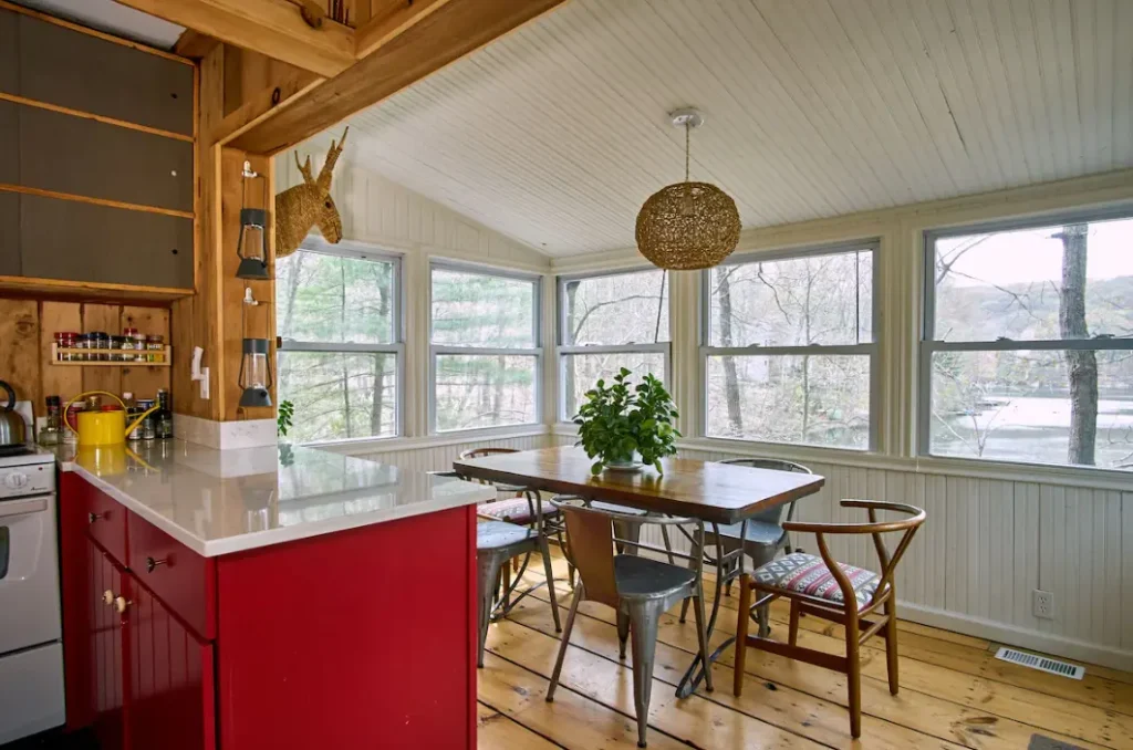 Log cabin dining and kitchen area