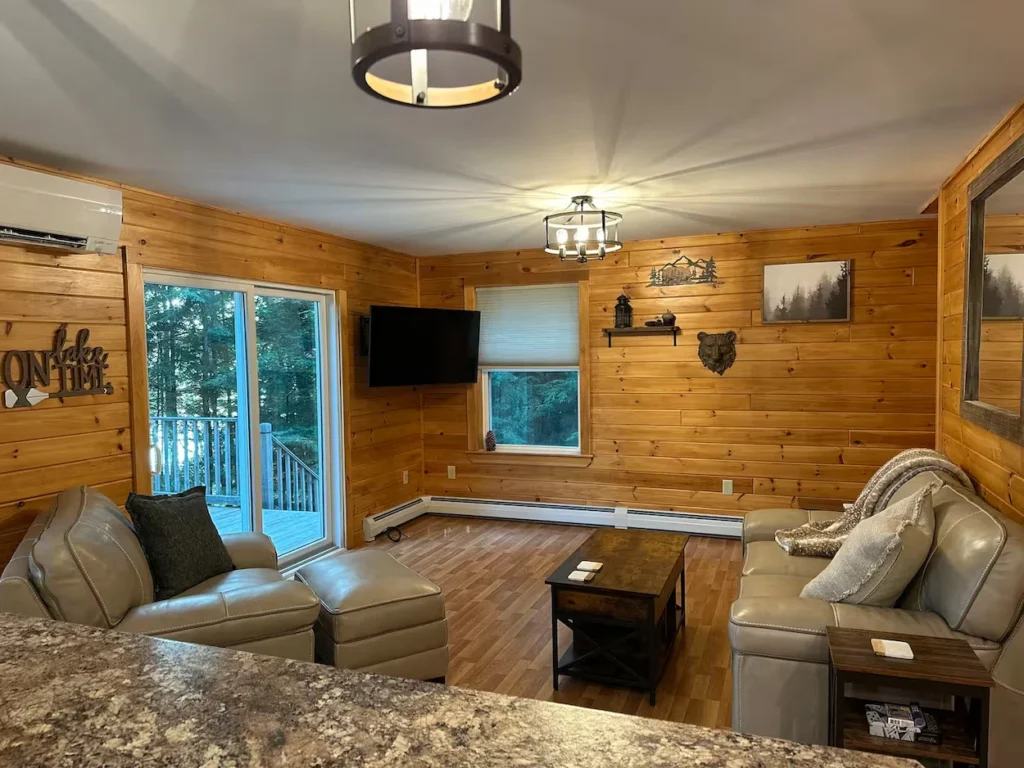 Log cabin living room with pine wood walls, leather sofas, and a glass sliding door