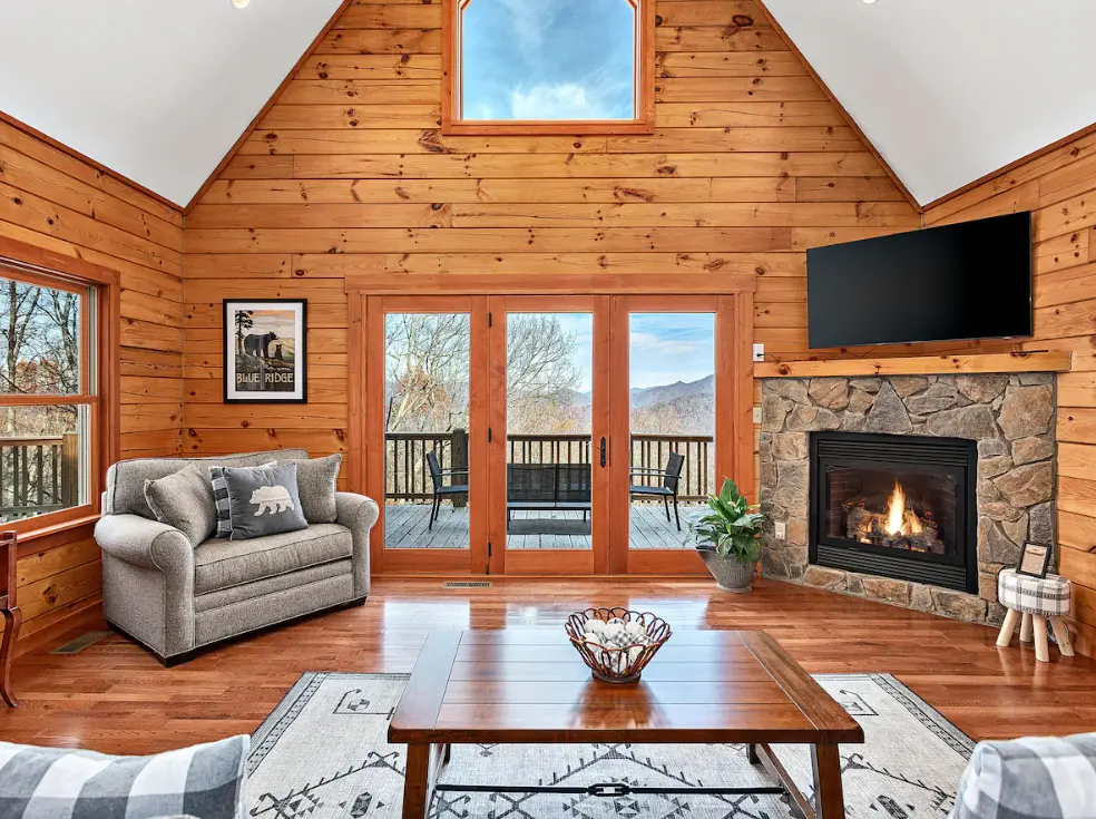 Spacious great room with stone gas fireplace