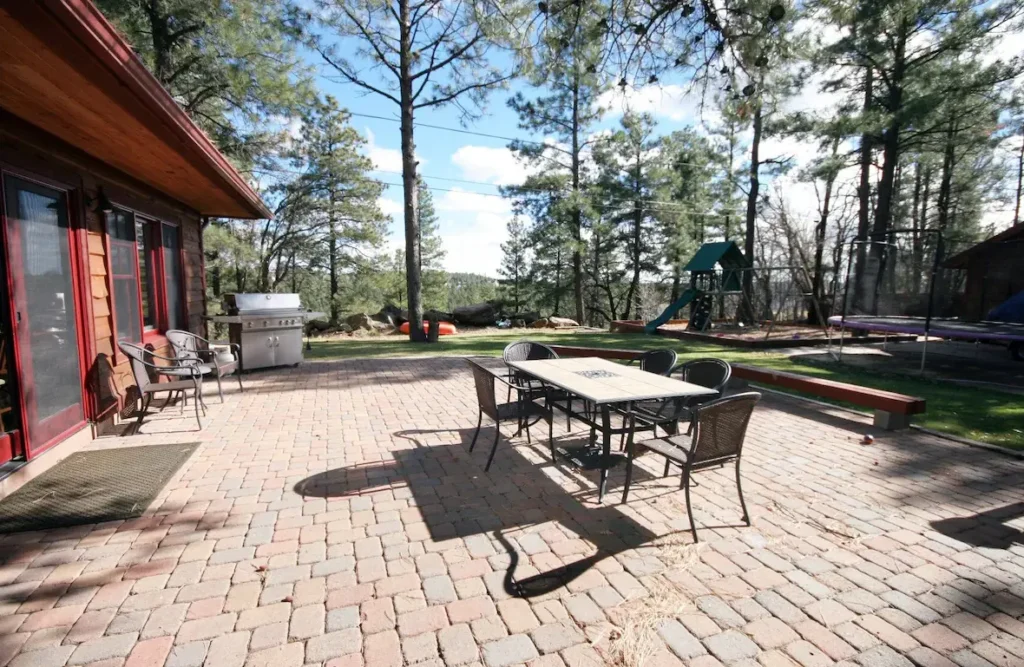 Communal backyard with jungle gym and trampoline