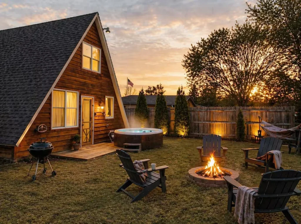 Wooden A-frame cabin backyard featuring a steaming hot tub, a lit fire pit with chairs, and a charcoal grill