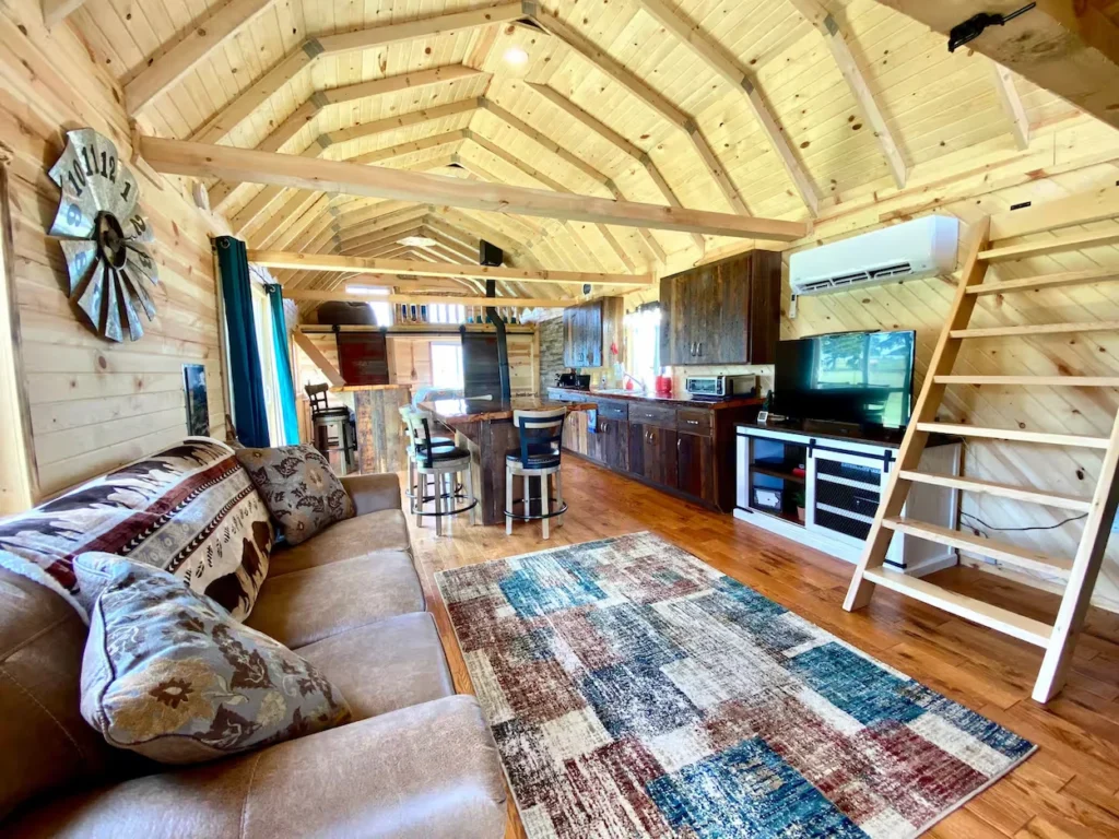 Cabin interior featuring a vaulted wood gambrel ceiling, a tan sofa, multi-colored rug, and a ladder leading to a loft