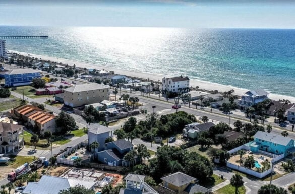 aerial shot looking over Panama City Beach with the Gulf of Mexico in the distance
