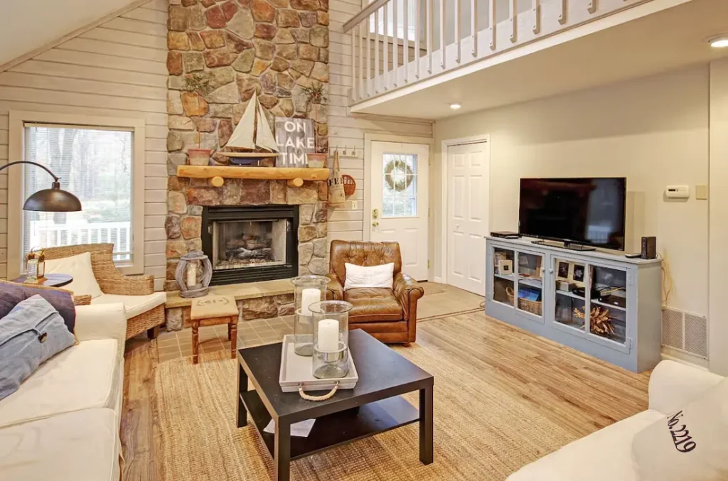 Great room with gas fireplace, sliding doors to deck