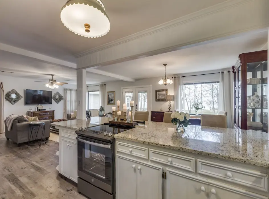 lakefront home kitchen and living area