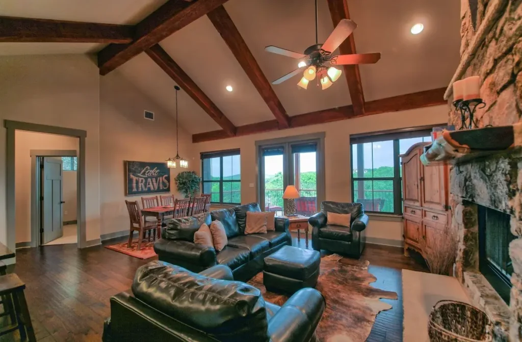 Open living area and eating area with views of the hill country