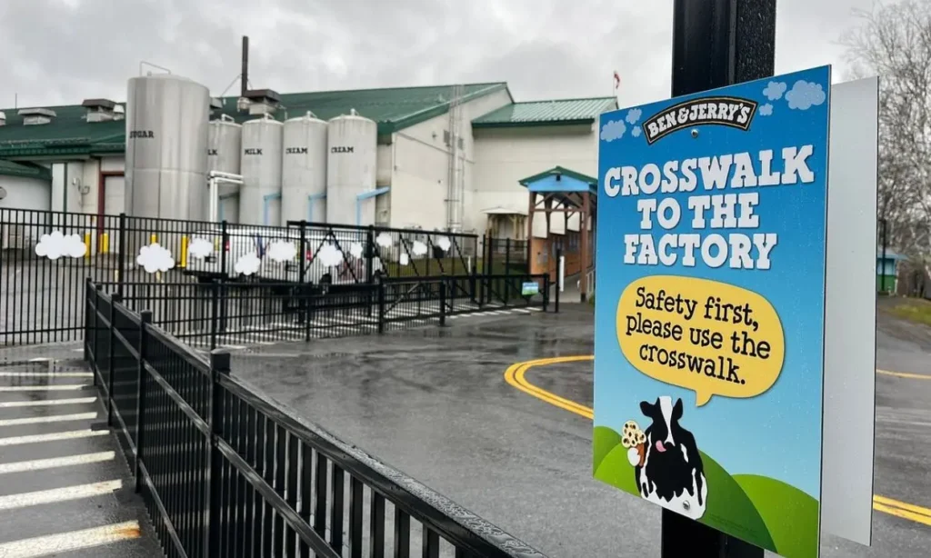Sign and entrance area at Ben & Jerry’s Ice Cream Factory Tour.