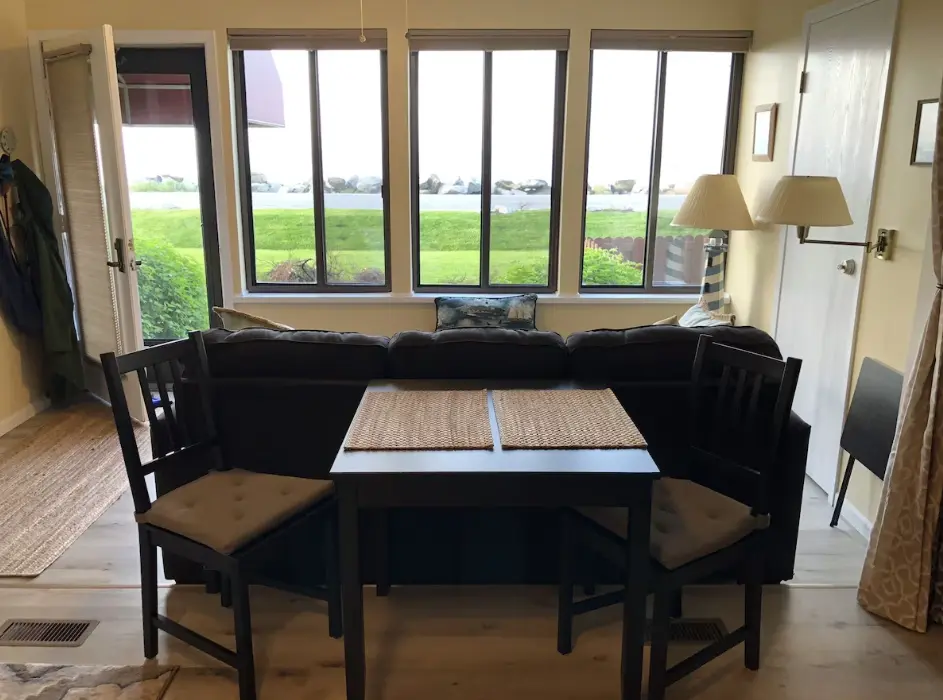 Cafe table for two. Great views of the lake while sipping your morning coffee