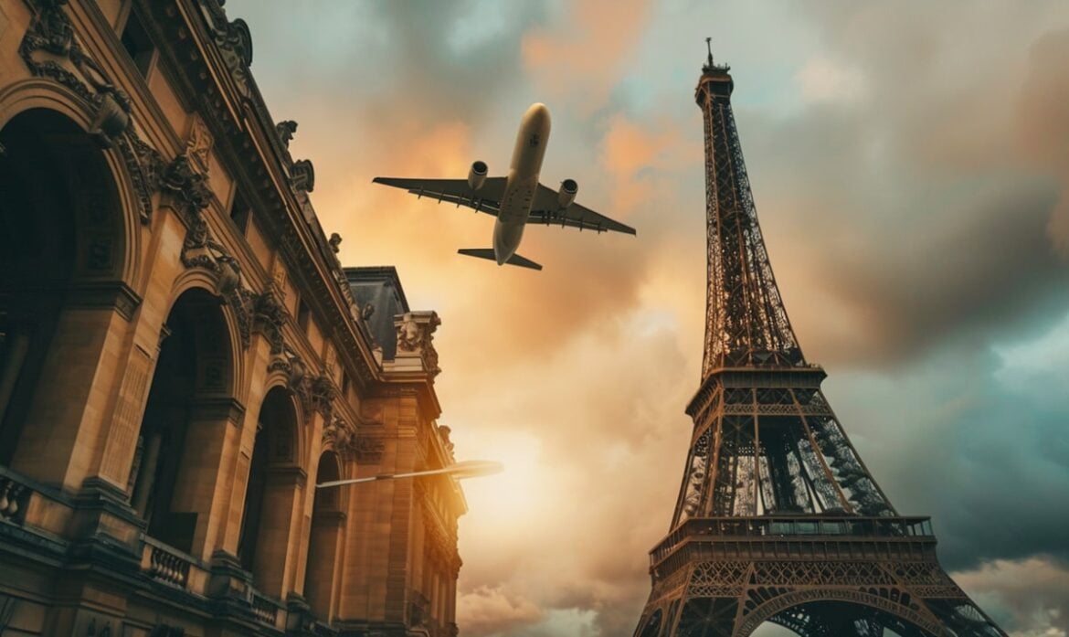 Airplane flying over iconic European landmark