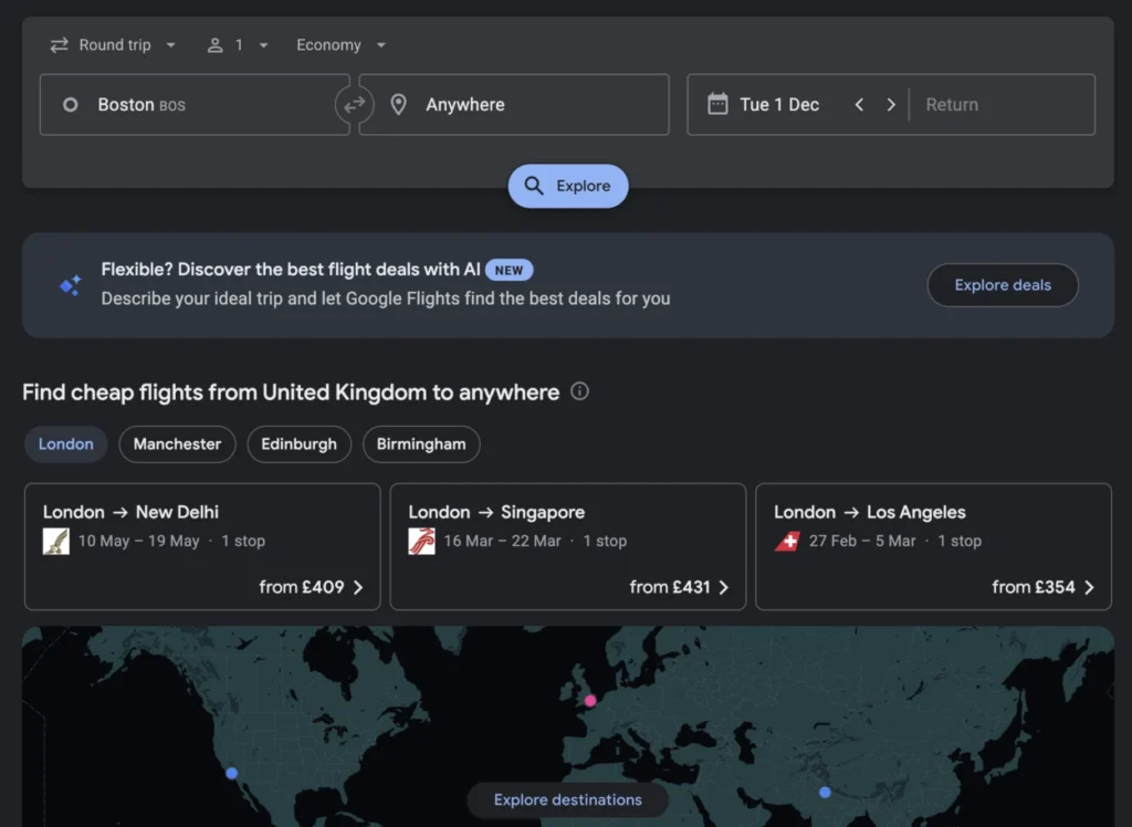 Google Flights is the best free tool for searching business class deals