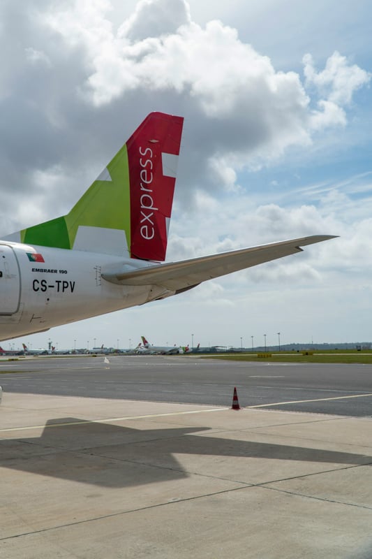 The airplane wing of a TAP Air Portugal plane