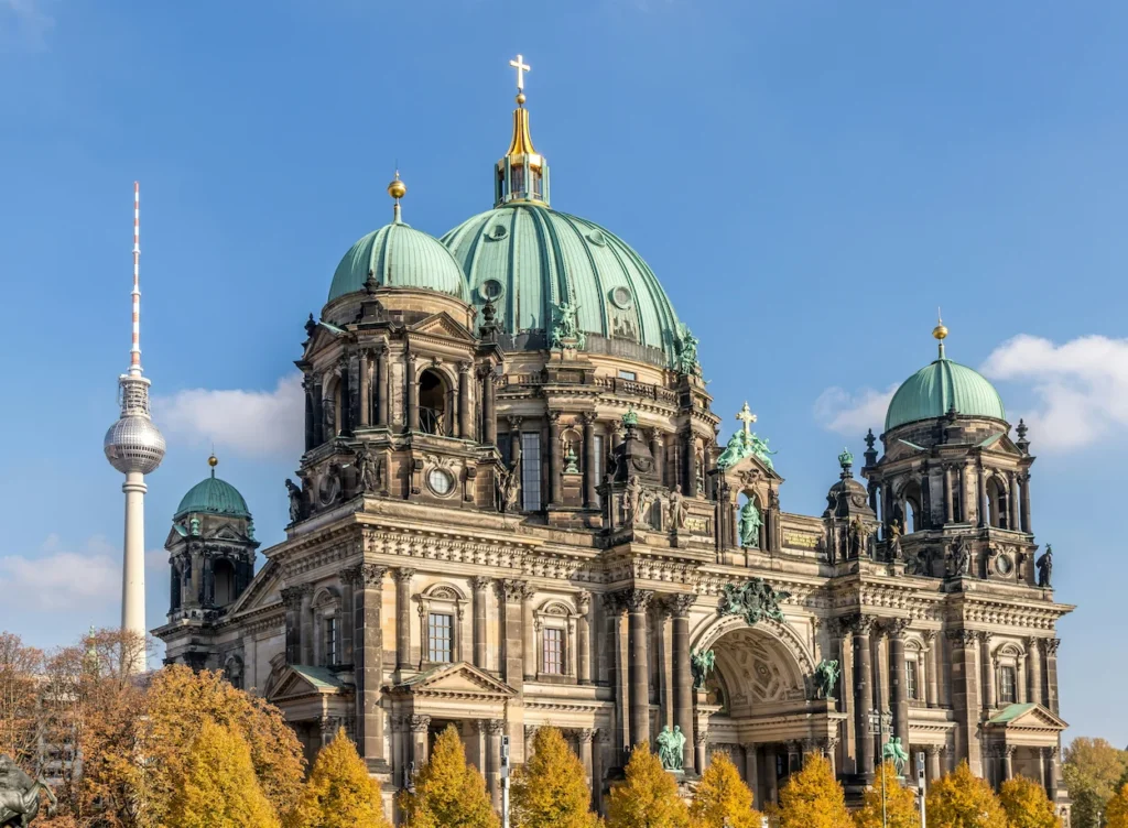 Berlin Cathedral with the Fernsehturm television tower behind it