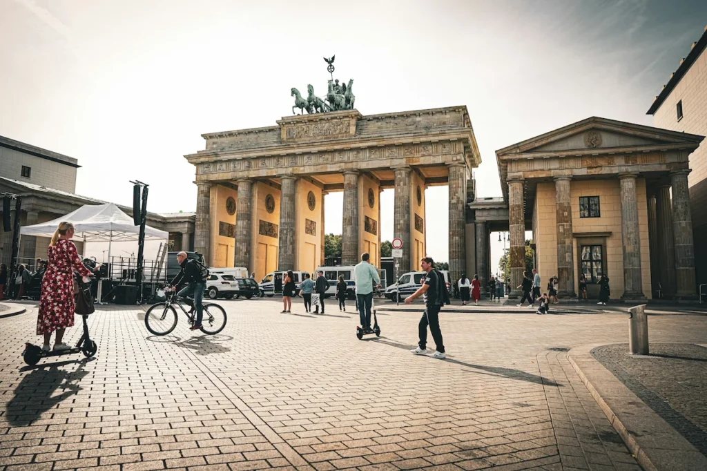 Neoclassical sandstone Brandenburg Gate topped with the Quadriga chariot statue in Berlin