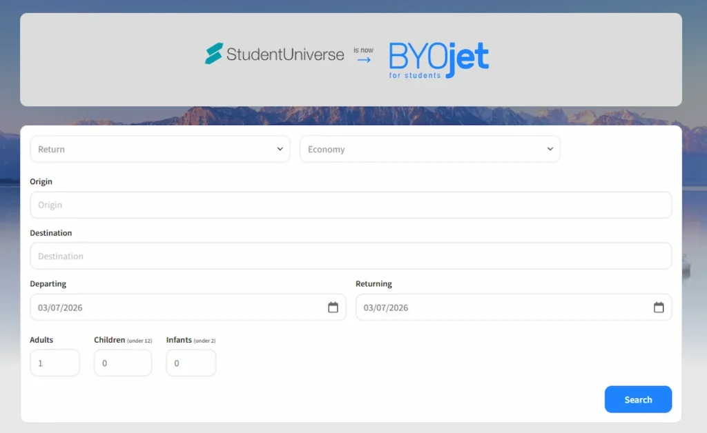 BYOjet for students flight search form with an empty origin and destination fields