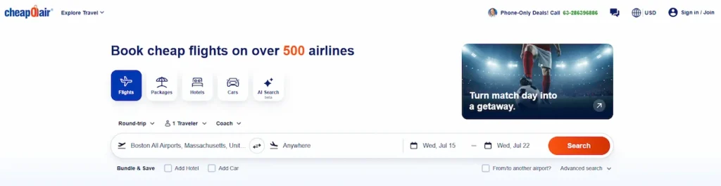 The CheapOair homepage flight search tool