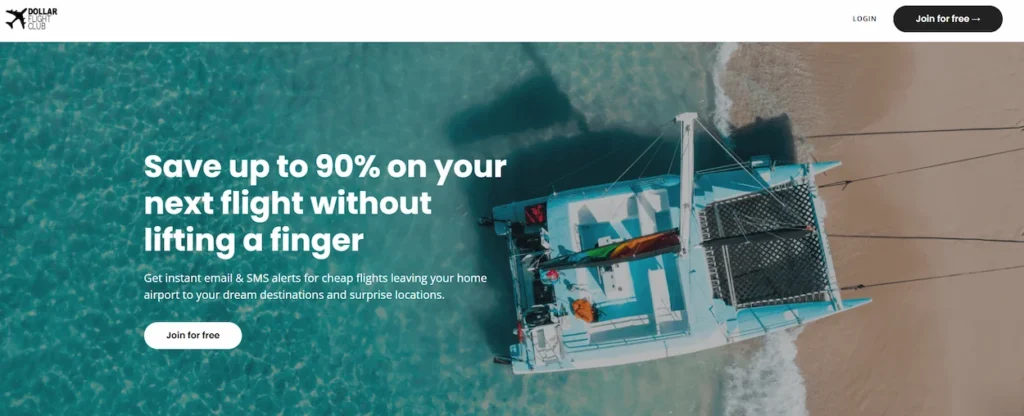 Dollar Flight Club homepage featuring a catamaran in tropical water and flight deal text
