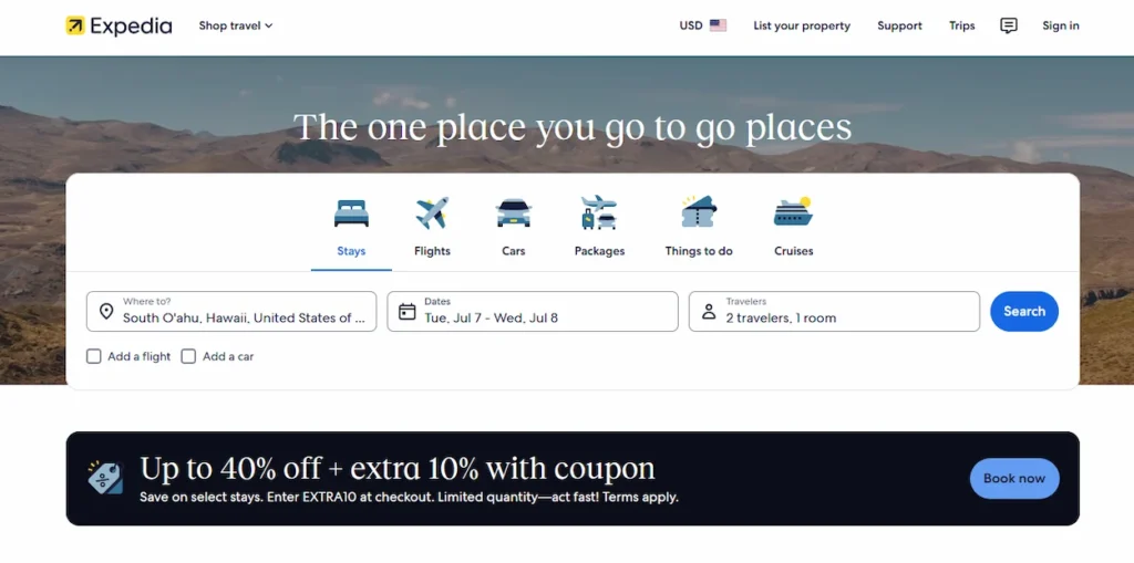 The Expedia homepage interface