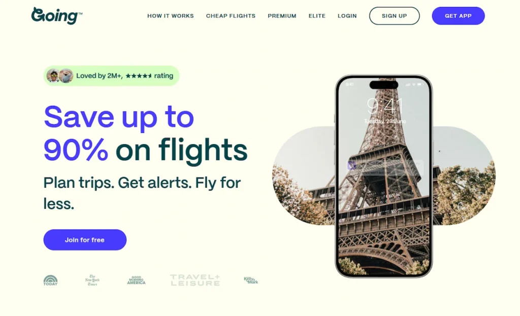 Going.com website homepage showing a flight deal promotion and a smartphone mockup