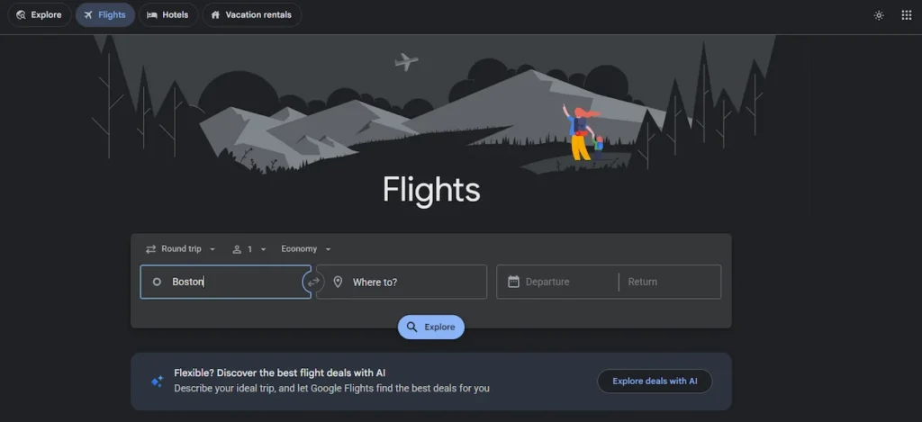 Google Flights homepage interface shown in dark mode