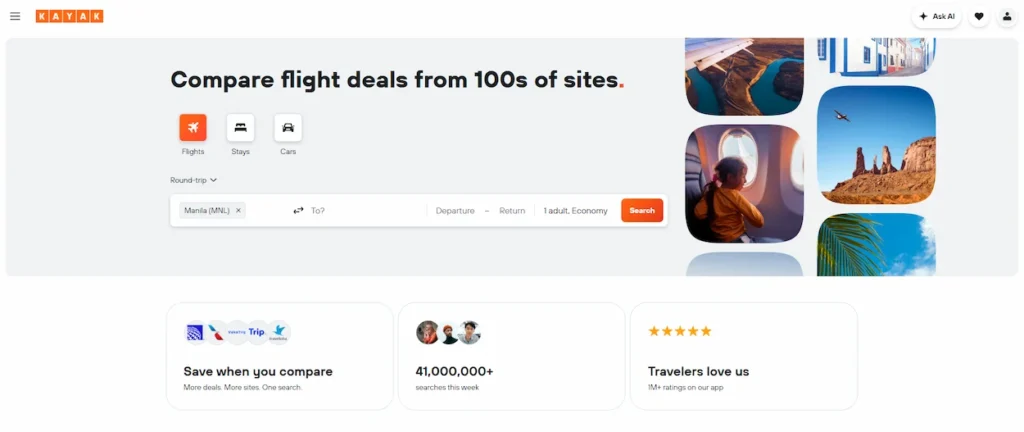 The KAYAK flight search homepage interface displaying a flight search