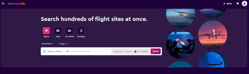 The momondo travel search homepage interface