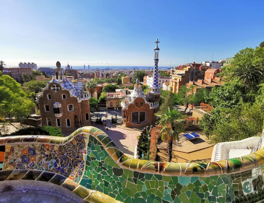 The mosaic terrace and pavilions of Park Güell in Barcelona
