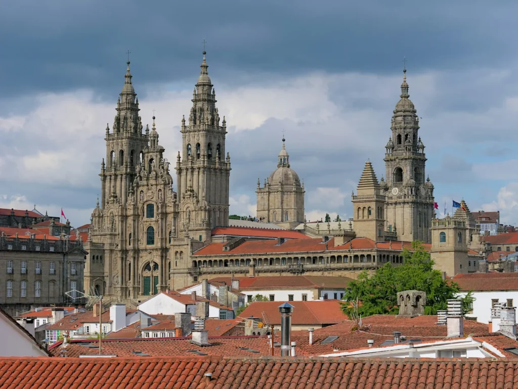 Cathedral of Santiago de Compostela towers above terracotta rooftops