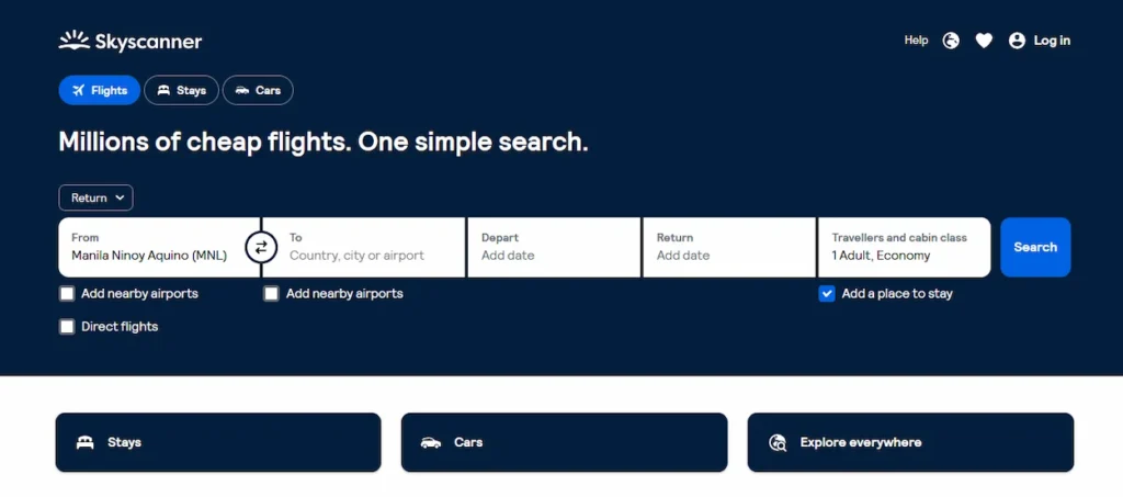 Skyscanner homepage showing the flight search engine interface