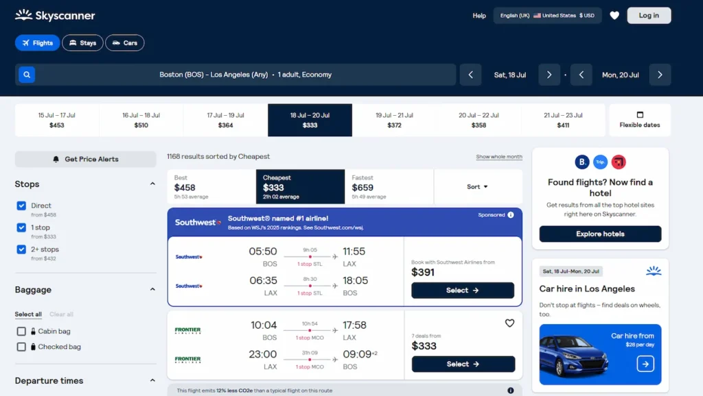 Skyscanner flight search results showing prices for a round-trip route from Boston to Los Angeles