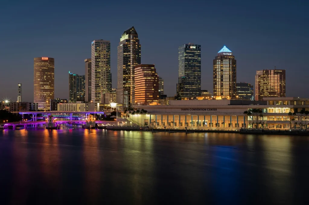 The downtown Tampa skyline illuminated at night