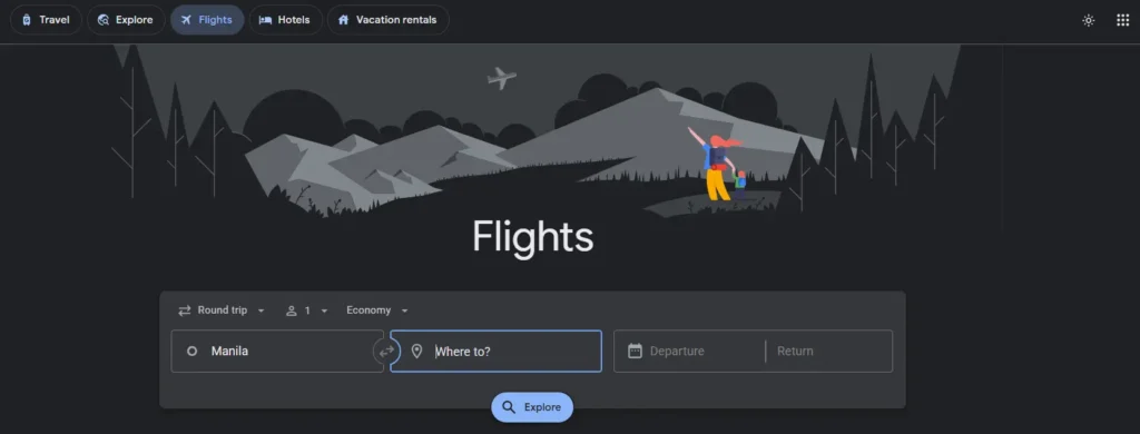 Google Flights homepage