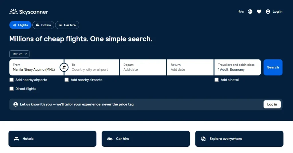 Skyscanner homepage
